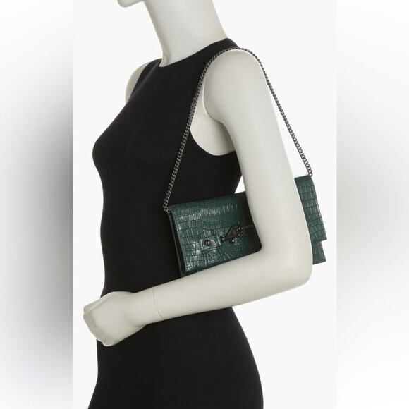 REBECCA MINKOFF LOU CROC EMBOSSED CLUTCH BOTTLE GREEN W GUNMETAL HARDWARE NWT - Picture 2 of 12